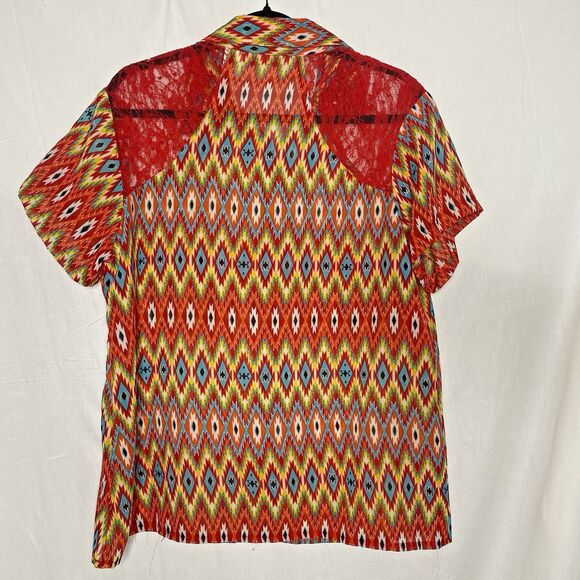 Lucy Diamonds Blouse Womens 1X Aztec Sheer Red Lace Shoulder Bright Multicolor - Picture 2 of 8